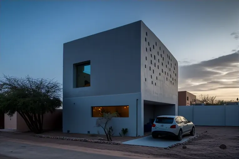 Escape a la tranquilidad en una casa minimalista con vista del atardecer y sistema de iluminación exterior en Arequipa