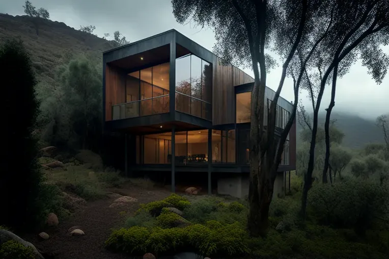 Vistas impresionantes desde la casa de arquitectura moderna en el bosque rodeado de niebla en Cochabamba, Bolivia