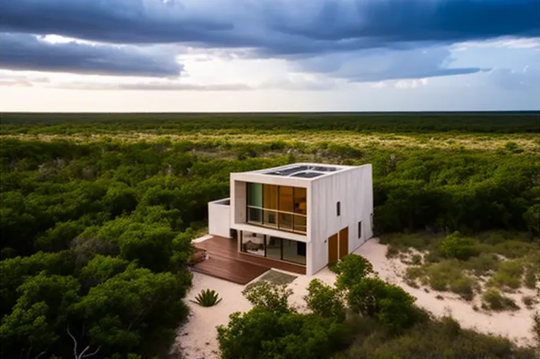 Casa minimalista con vistas de las montañas nevadas y jardines en Cancun