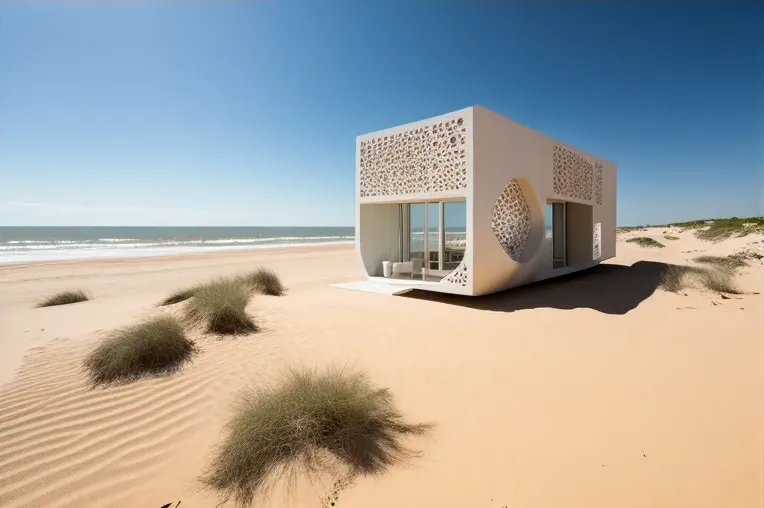 Elegante y sofisticado en la playa: Casa de fibra de carbono, madera laminada y hormigón armado con jacuzzi rodeado de vapor y terrazas con vistas panorámicas en Sevilla