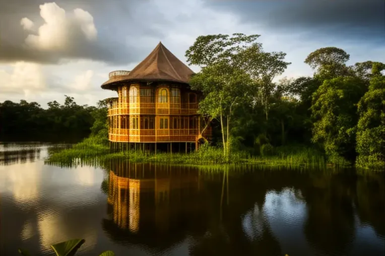 Diseño único y entrada con cascada en esta villa ecológica en la densa jungla de Iquitos