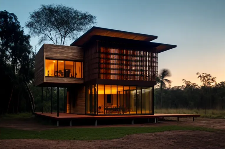 Entrada privada con cascada y diseño minimalista en esta Casa de hormigón visto y bambú en un parque natural