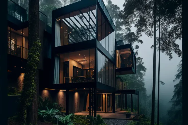 Piscina al aire libre en villa de hormigón, madera y bambú en Medellín