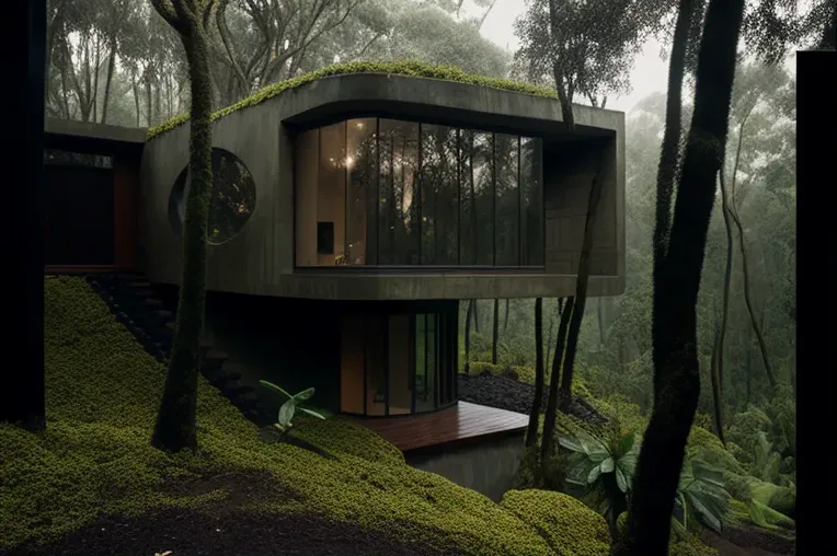 Arquitectura de diseño con garaje privado y entrada privada con cascada en el bosque de Quito