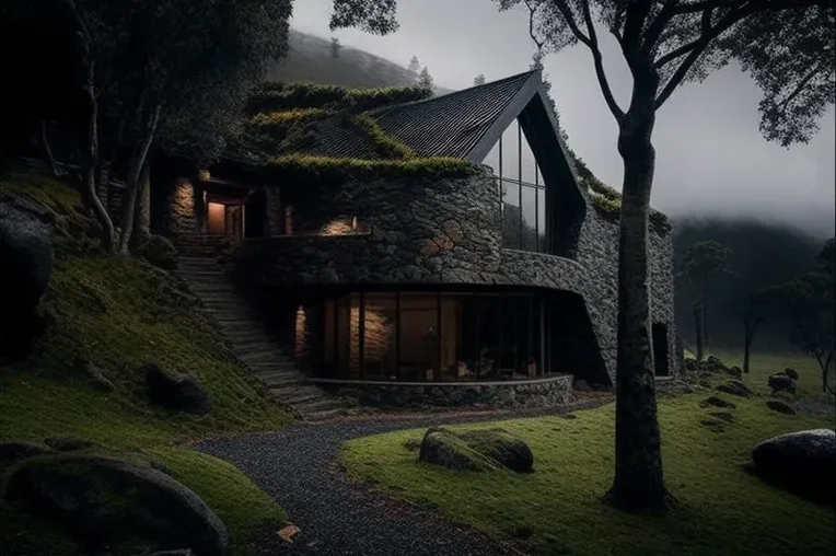 Casa de piedra natural rodeada de niebla en el bosque con garaje privado y entrada privada