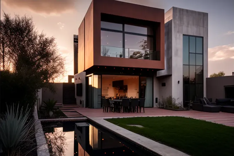 La Casa Moderna de acero inoxidable con vistas al atardecer