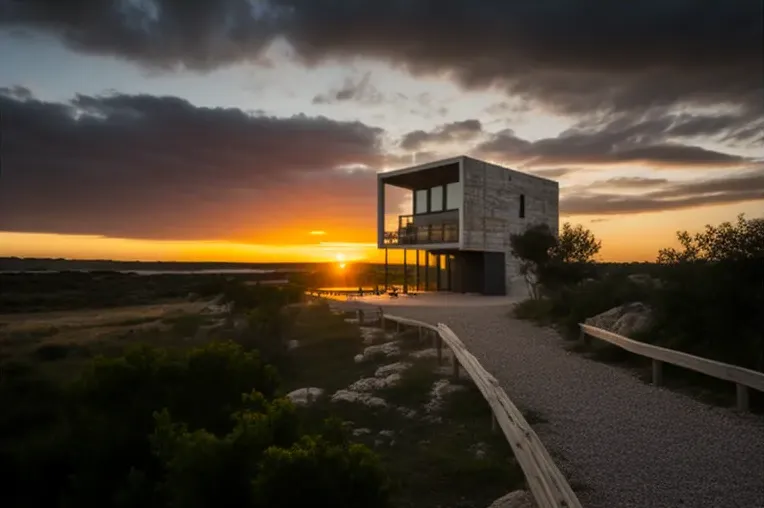 Casa moderna con vistas al atardecer y muros de privacidad con vegetación en Menorca