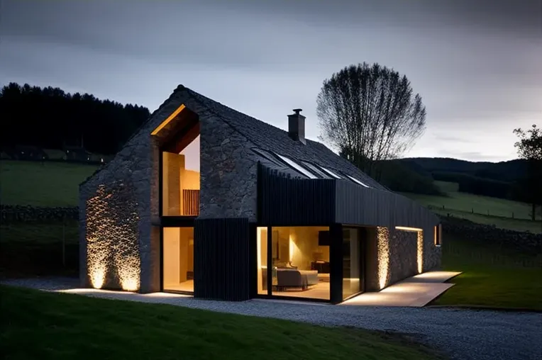 Tradición y modernidad en equilibrio: Casa de lujo con fachada de piedra natural y arquitectura vanguardista