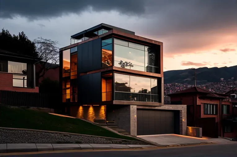 Villa de estilo industrial con vistas panorámicas y techos altos en Bogotá, Colombia