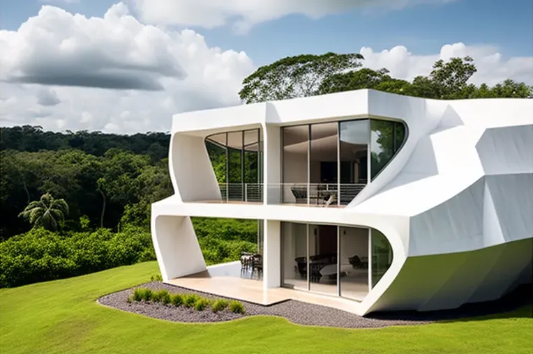 Jardines con cascadas en una casa de arquitectura ecológica