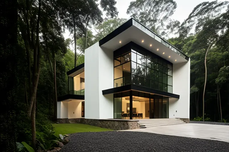Villa con arquitectura moderna y rodeada de niebla en el bosque de Guayaquil