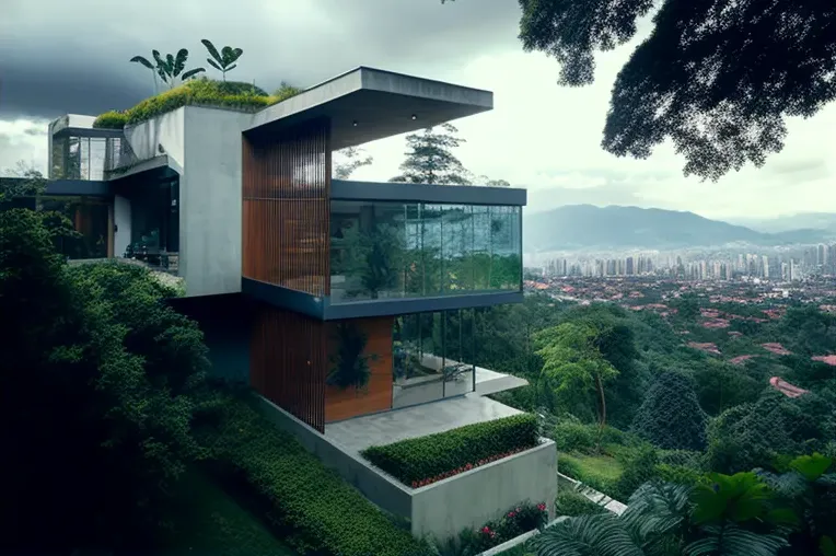 Casa de diseño con jardines en plena naturaleza