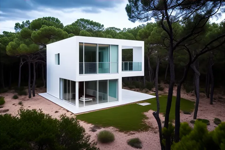 La Villa de marmol blanco, acero inoxidable, hormigón visto y armado con un sistema de iluminación exterior en el bosque de Menorca