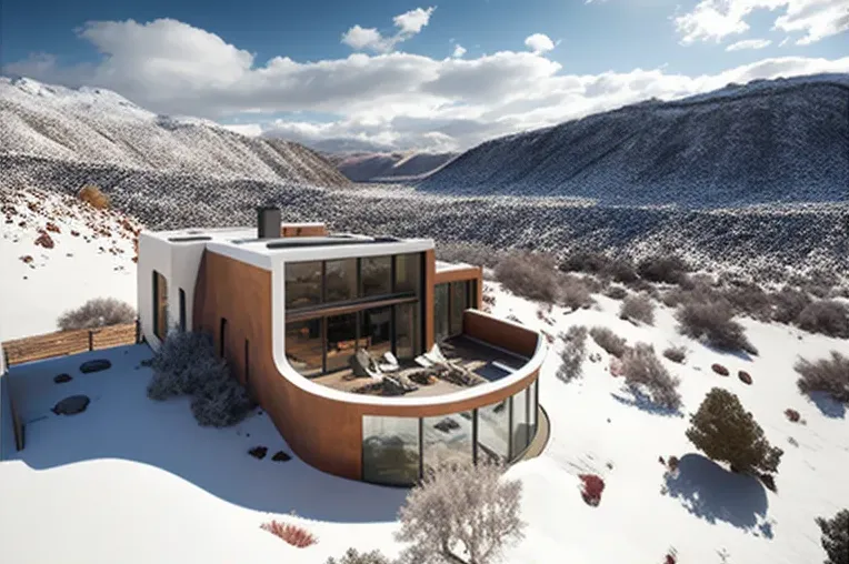 La vista impresionante de las montañas nevadas: Casa de Arquitectura de estilo industrial