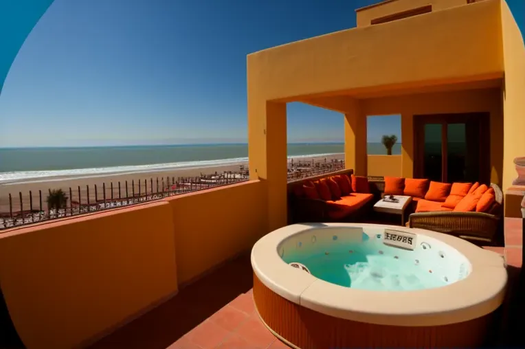 Villa mediterránea con Jacuzzi rodeado de vapor en Iquique