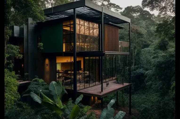 Casa de estilo industrial en medio de la jungla con vistas al atardecer