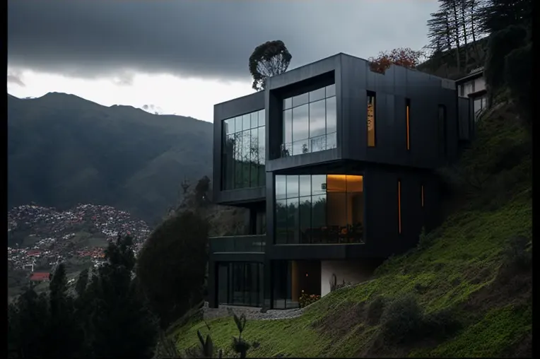 Villa construida con materiales naturales y vistas impresionantes de las montañas nevadas en Bogotá, Colombia