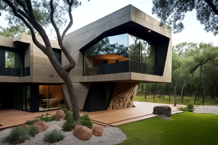 Arquitectura innovadora en el bosque: Villa de vanguardia con techos altos y muros de privacidad con vegetación en Sotogrande