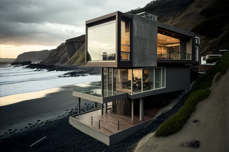 Villa moderna de fibra de carbono, hormigón visto y vidrio con conexión con la naturaleza