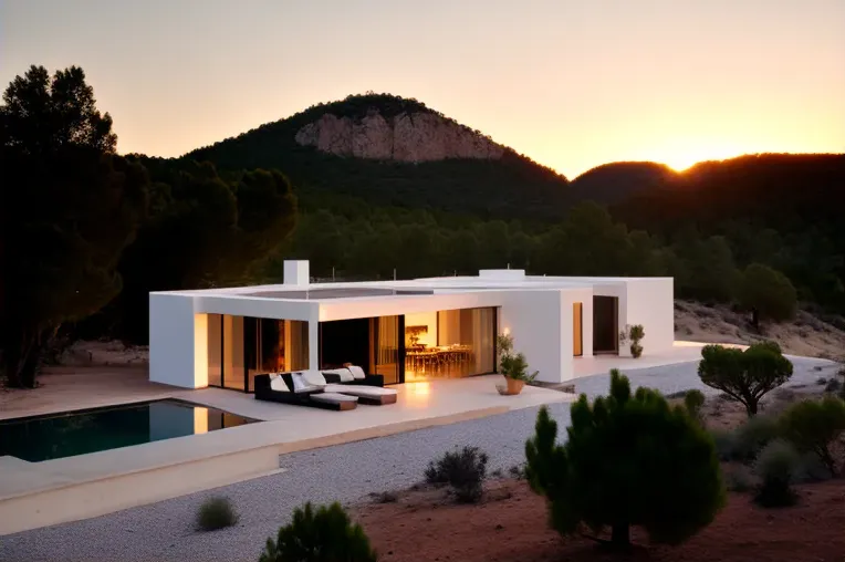 Casa de arquitectura ecológica con vistas panorámicas y sistema de iluminación exterior en Ibiza