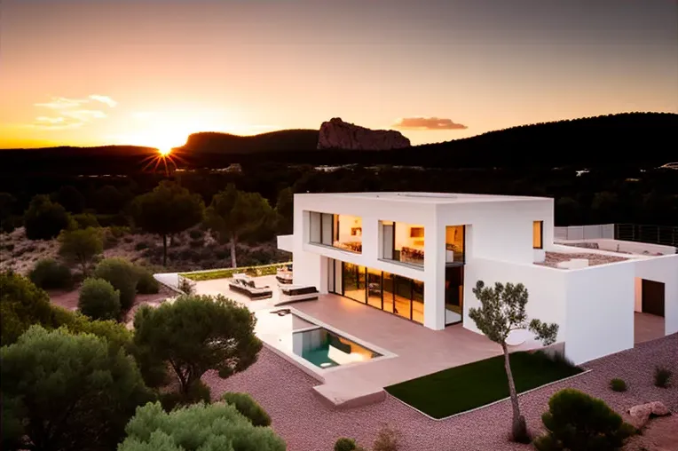 Retiro ecológico de lujo en un parque natural con vistas al atardecer y sistema de iluminación exterior en Ibiza, España