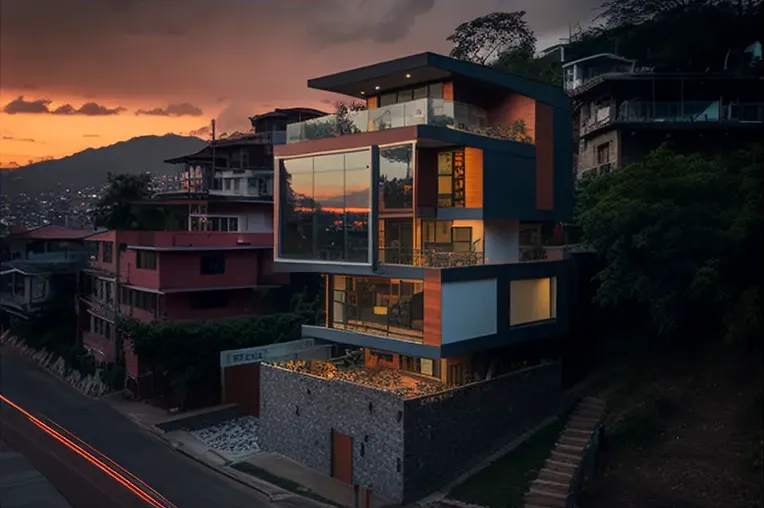 La casa de ensueño: Entrada privada con cascada y vistas al atardecer