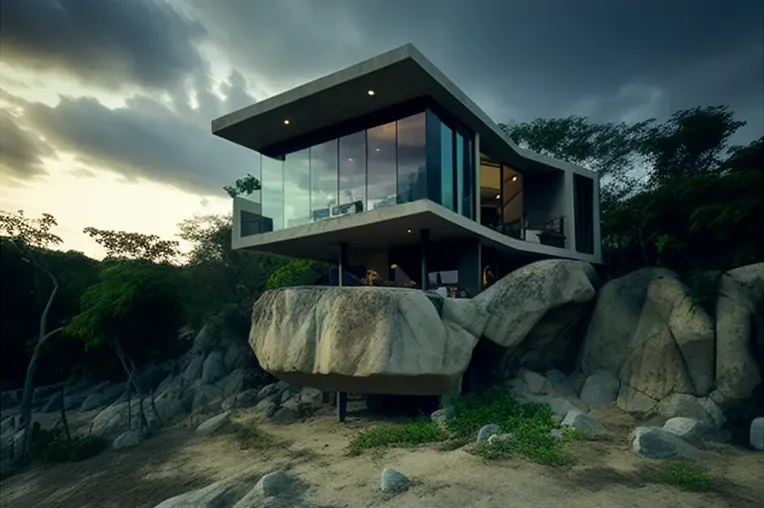 Luxury Living en Santa Marta: Villa de arquitectura con espacios abiertos y fachada de piedra natural