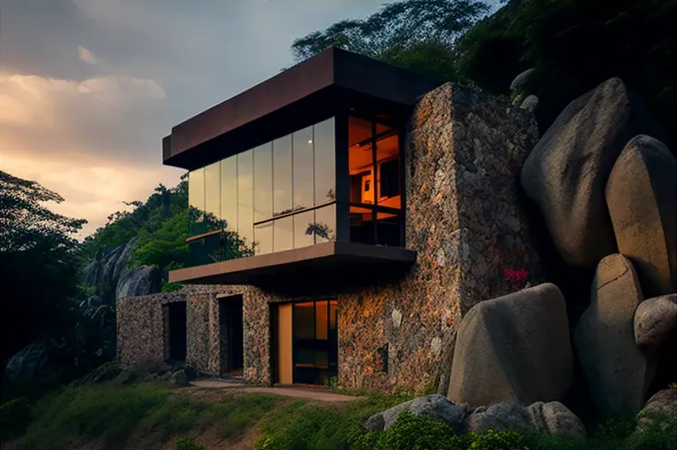 Armonía con la naturaleza en Santa Marta: Villa de diseño con espacios abiertos y fachada de piedra natural