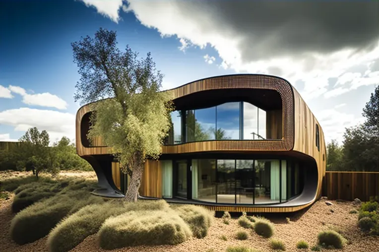 La Belleza de la Arquitectura Ecológica en Toledo: Villa de Bambú, Acero Inoxidable, Fibra de Carbono y Pizarra con vistas a las Montañas Nevadas y Muros de Privacidad con Vegetación