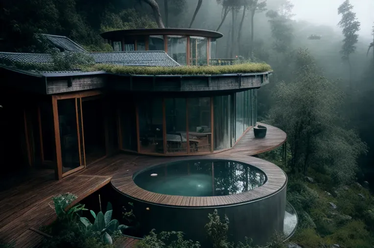 Casa ecológica con jacuzzi rodeado de vapor en el bosque de Quito