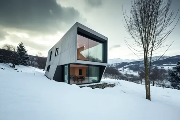 Casa de vanguardia con vistas al atardecer y montañas nevadas en Bilbao