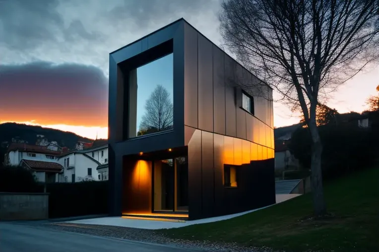 La belleza del atardecer en San Sebastián: Casa minimalista con entrada privada con cascada