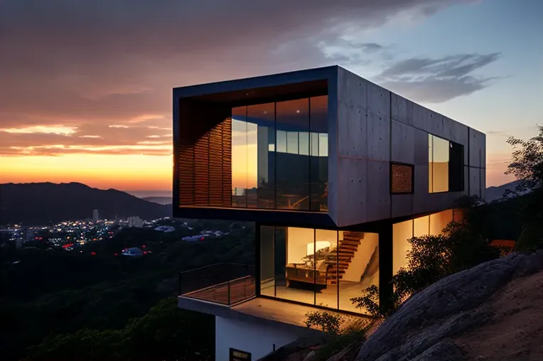 Casa de lujo con vista del atardecer en las montañas