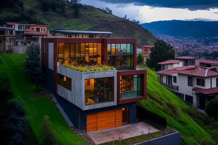 Espacios abiertos y jardines con cascadas en esta villa sostenible