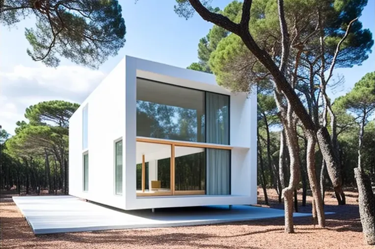 La Casa de marmol blanco, madera laminada y vidrio con una piscina privada en el bosque de Menorca