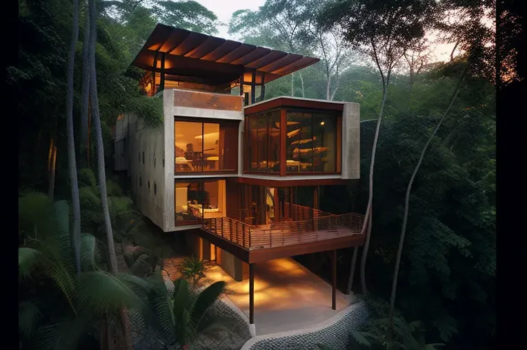 Retiro de ensueño en la selva: Casa de arquitectura moderna con jacuzzi rodeado de vapor