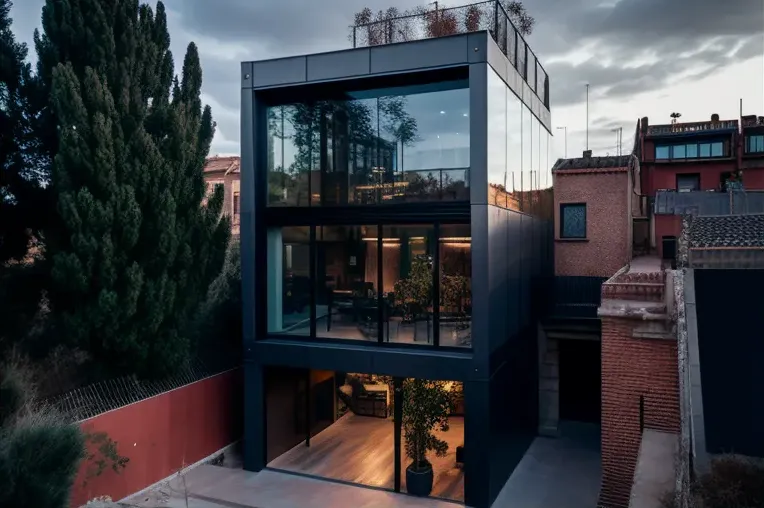 Industrial de lujo: Casa de pizarra y fibra de carbono con techos altos y entrada privada con cascada en Madrid