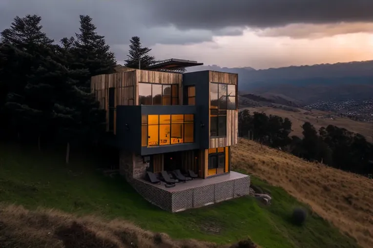 Casa de acero inoxidable con piscina y jardines con cascadas