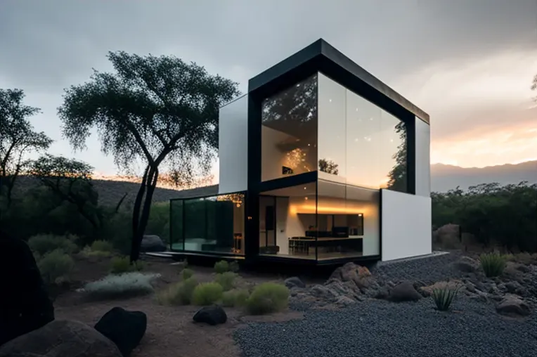 Vista panorámica de las montañas y casa minimalista en Guadalajara