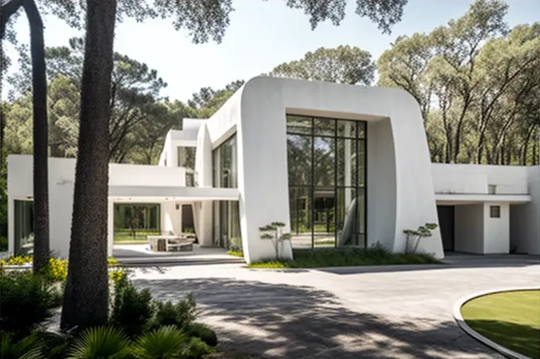 Casa de Marmol Blanca con Fachada Elíptica y Vistas de las Montañas