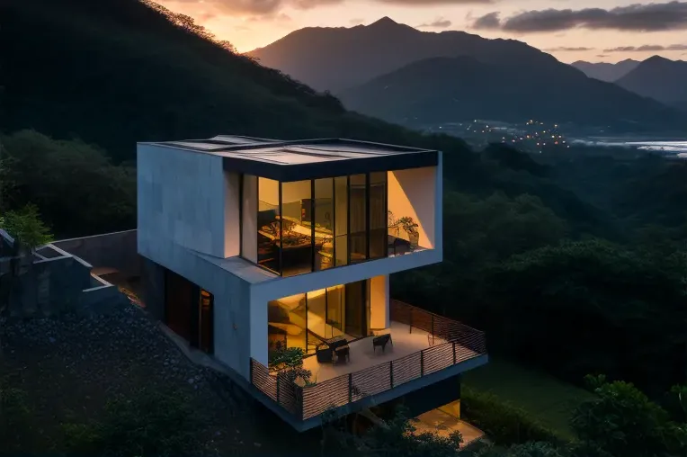 Sistema de iluminación exterior y construida en vidrio, hormigón visto y piedra natural en esta Villa de lujo en Santa Marta