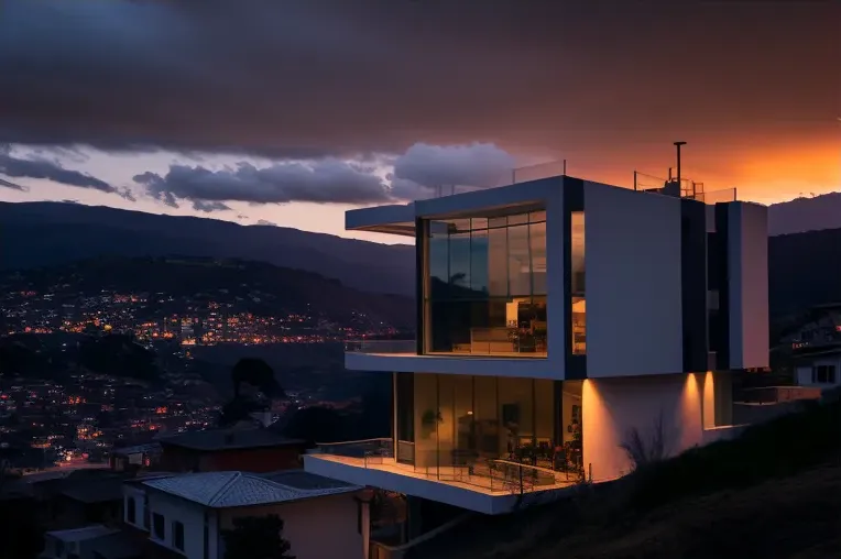 Casa de piedra con iluminación exterior y vistas panorámicas en Cuenca, Ecuador