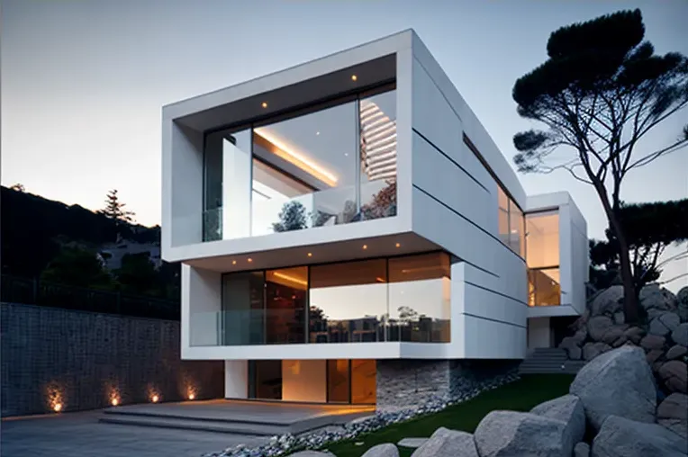 Arquitectura contemporánea en piedra, hormigón y marmol blanco