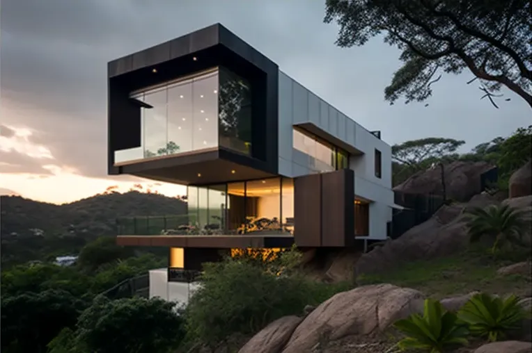 Arquitectura contemporánea con iluminación exterior y vistas panorámicas en Santa Marta