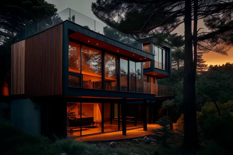 Vistas al atardecer impresionantes desde esta residencia de hormigón en el bosque