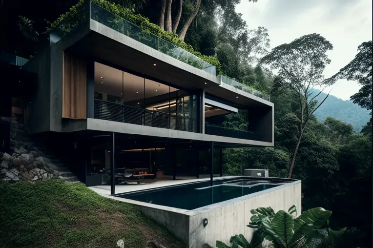 Arquitectura de vanguardia y naturaleza en equilibrio: Villa con piscina y fachada de piedra natural en Caracas