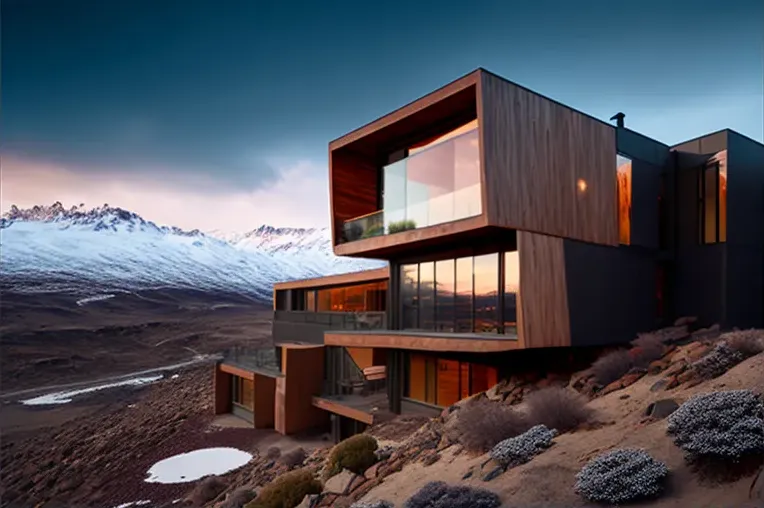 Vista impresionante en Valle Nevado: villa moderna con jacuzzi rodeado de vapor