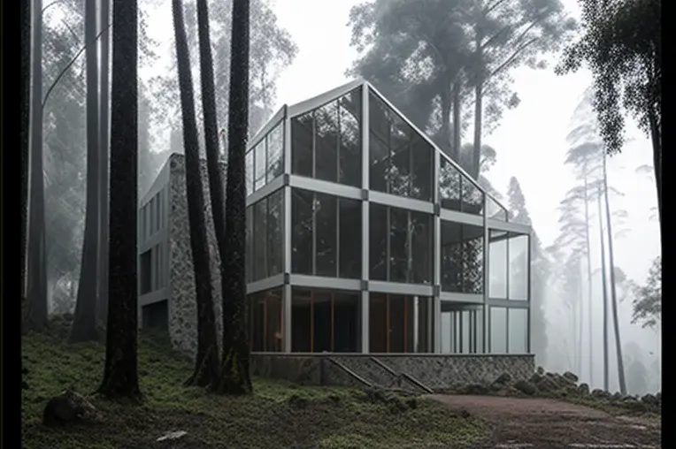 Villa high-tech rodeada de un bosque con niebla en Cochabamba