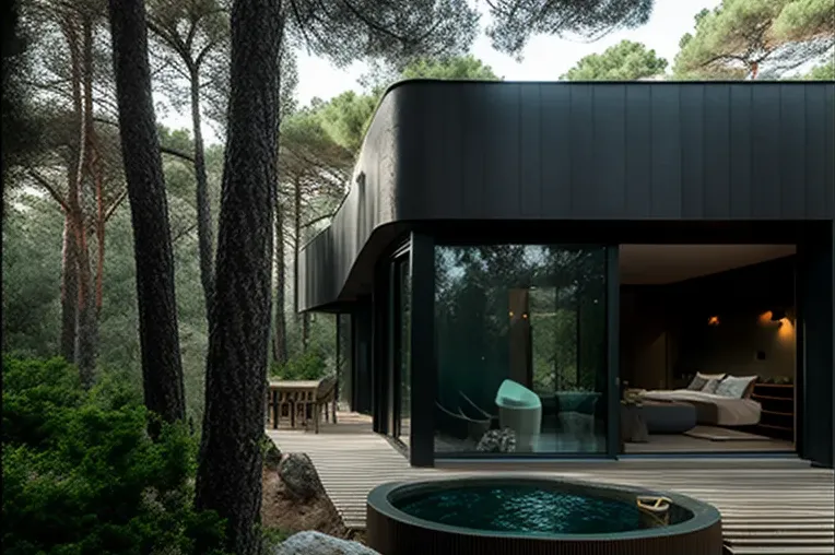 Casa contemporánea de lujo con jacuzzi rodeado de vapor en una densa jungla en Girona, España