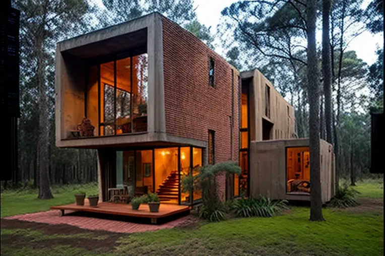 Casa de pizarra, hormigón visto y ladrillo con sistema de iluminación exterior en Uruguay